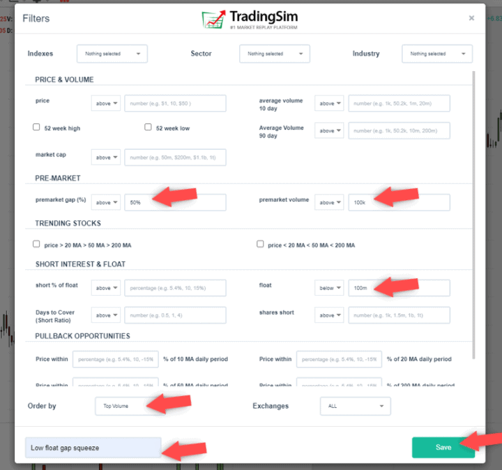 TradingSim Day Trading Scanning Filter