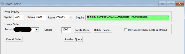 Example of a DAS Short Locate window