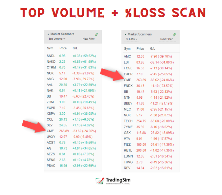 Top Volume + % Loss day trading scans