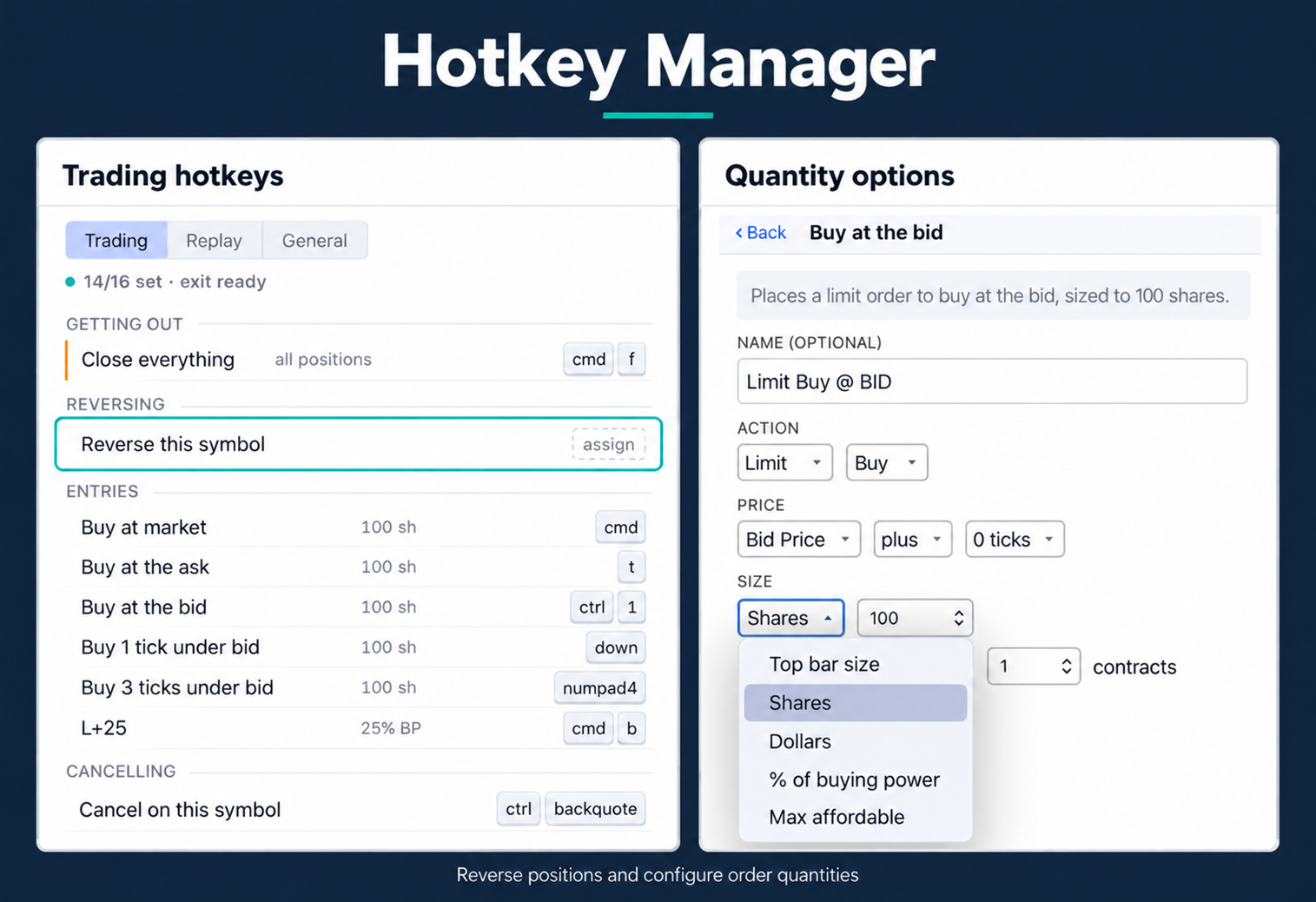 Delux Hotkey Manager showing reverse-position shortcuts and order quantity options