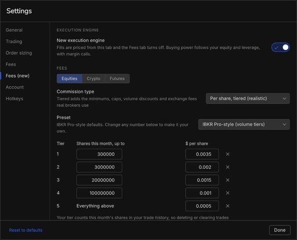 Broker-style fee presets and custom fees