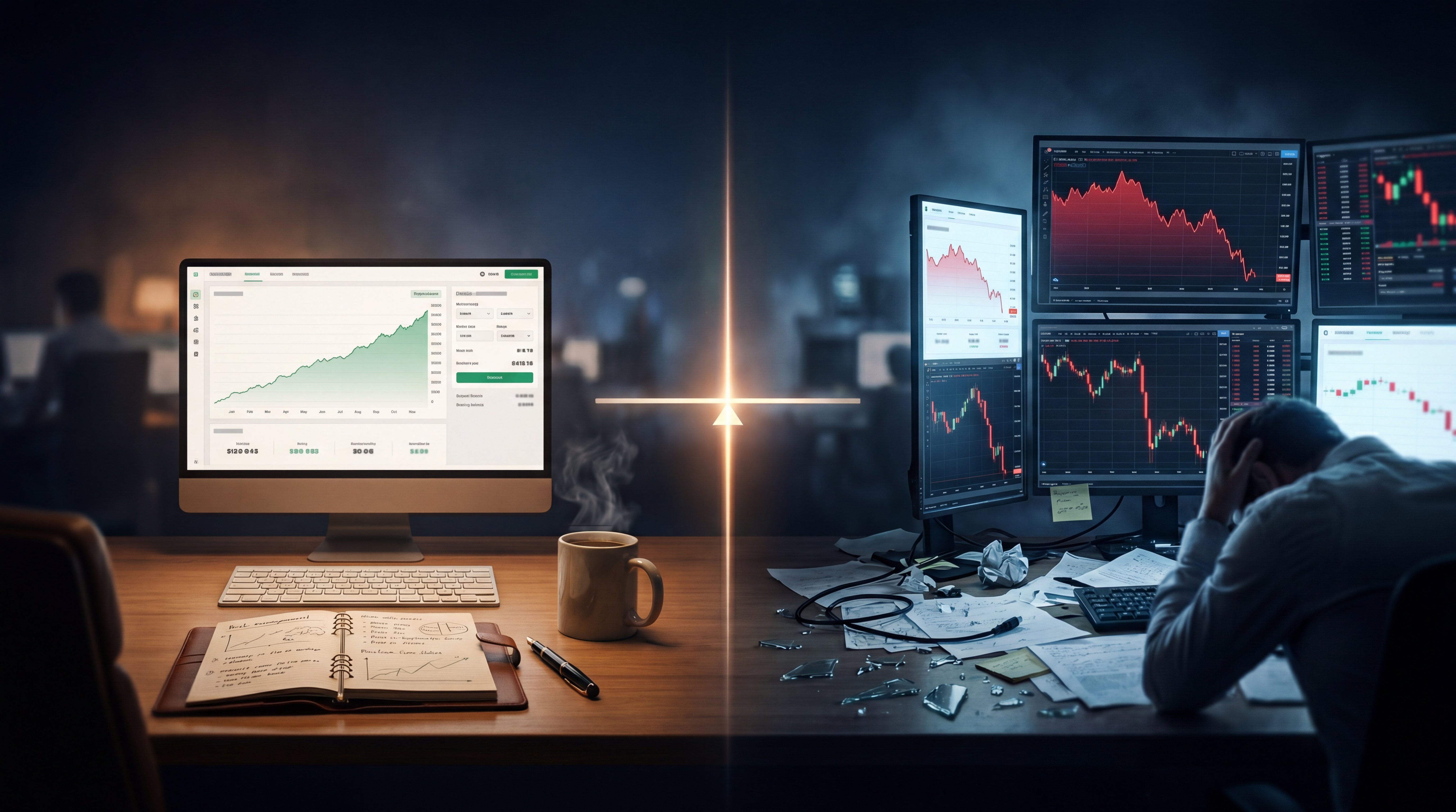 Split-scene concept illustration contrasting a disciplined, position-sized trading desk against a blown-out account — the divide between surviving and being forced out of the market is a single number.