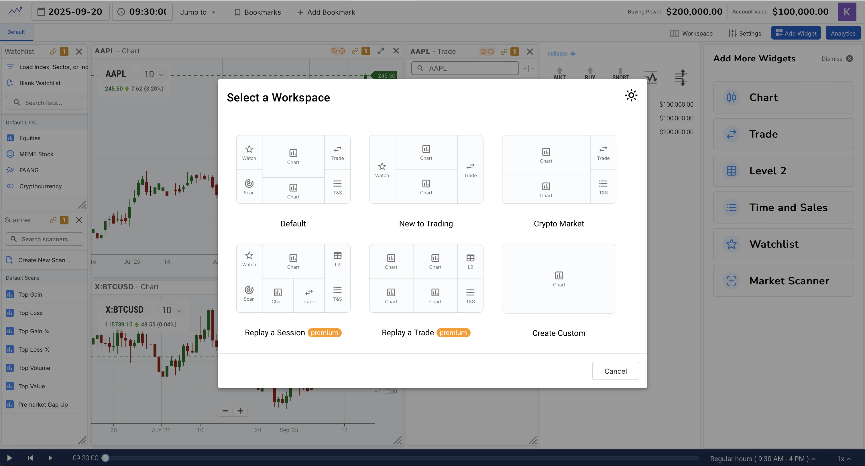 TradingSim platform — trading simulator with charts, scanner, and order entry