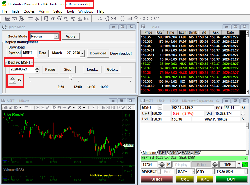 DAS replay mode stock simulator from Dastrader.com