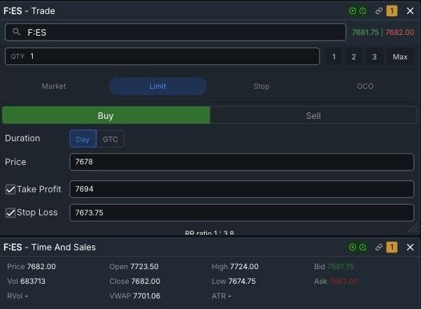 TradingSim bracket order ticket on F:ES with a limit buy at 7678, take profit at 7694, and stop loss at 7673.75, above the Time and Sales session statistics panel
