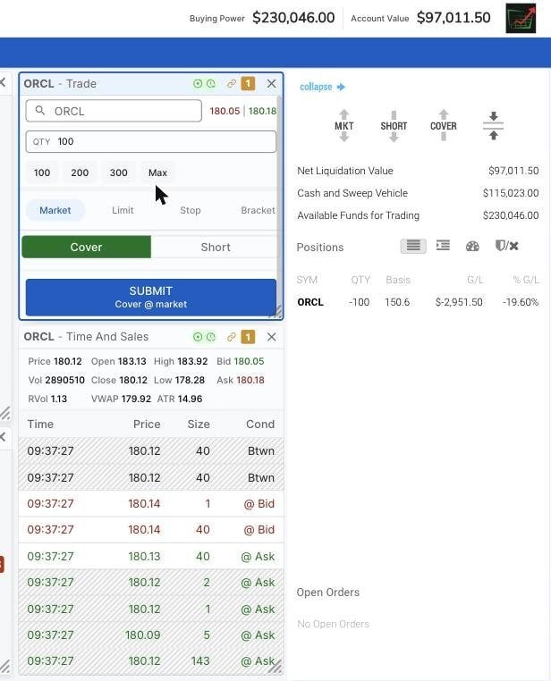 TradingSim order ticket covering a short ORCL position, with Time and Sales and a margin account panel showing buying power above account value, replay session dated April 23, 2026