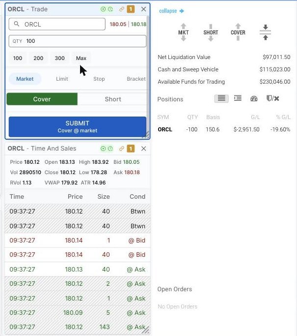 TradingSim order ticket on ORCL set to cover a 100 share short position at market, with Time and Sales showing ORCL at 180.12 and the positions panel showing the short opened at 150.60 down $2,951.50, session dated April 23, 2026