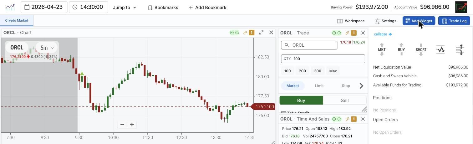 TradingSim replay of Oracle on the 5 minute chart during the 23 April 2026 session, showing the full day from pre-market through 14:30 with time and sales and an order ticket