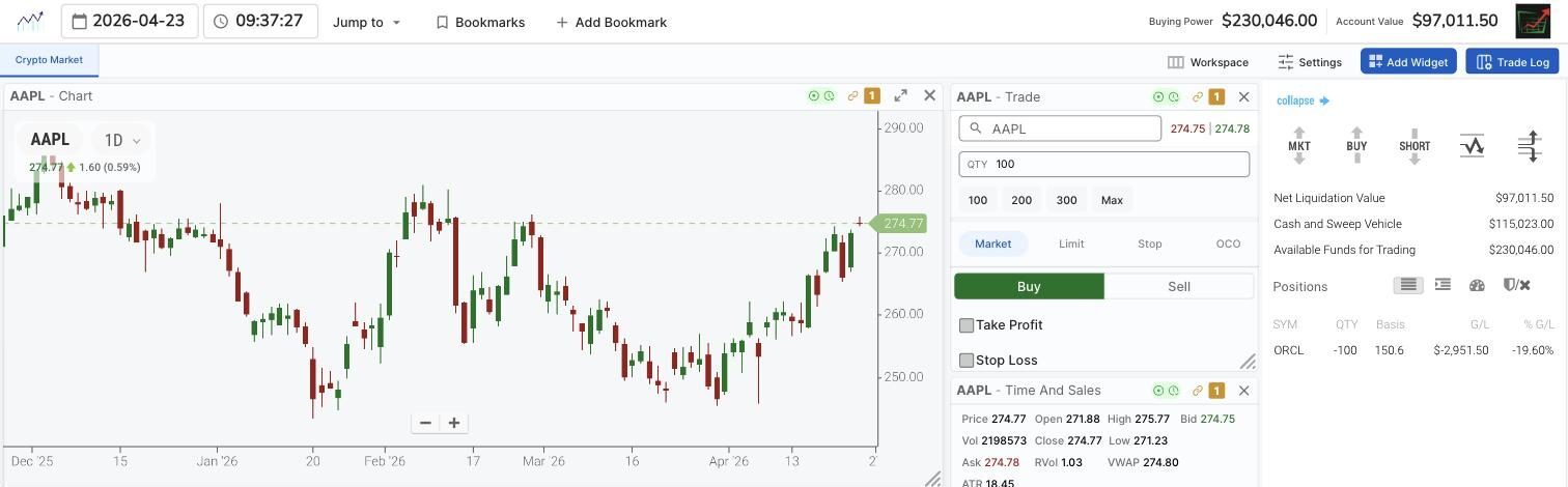 TradingSim Next Gen paper trading workspace showing an Apple daily chart at 274.77, a market order ticket, time and sales, and account buying power during a replay session dated 23 April 2026