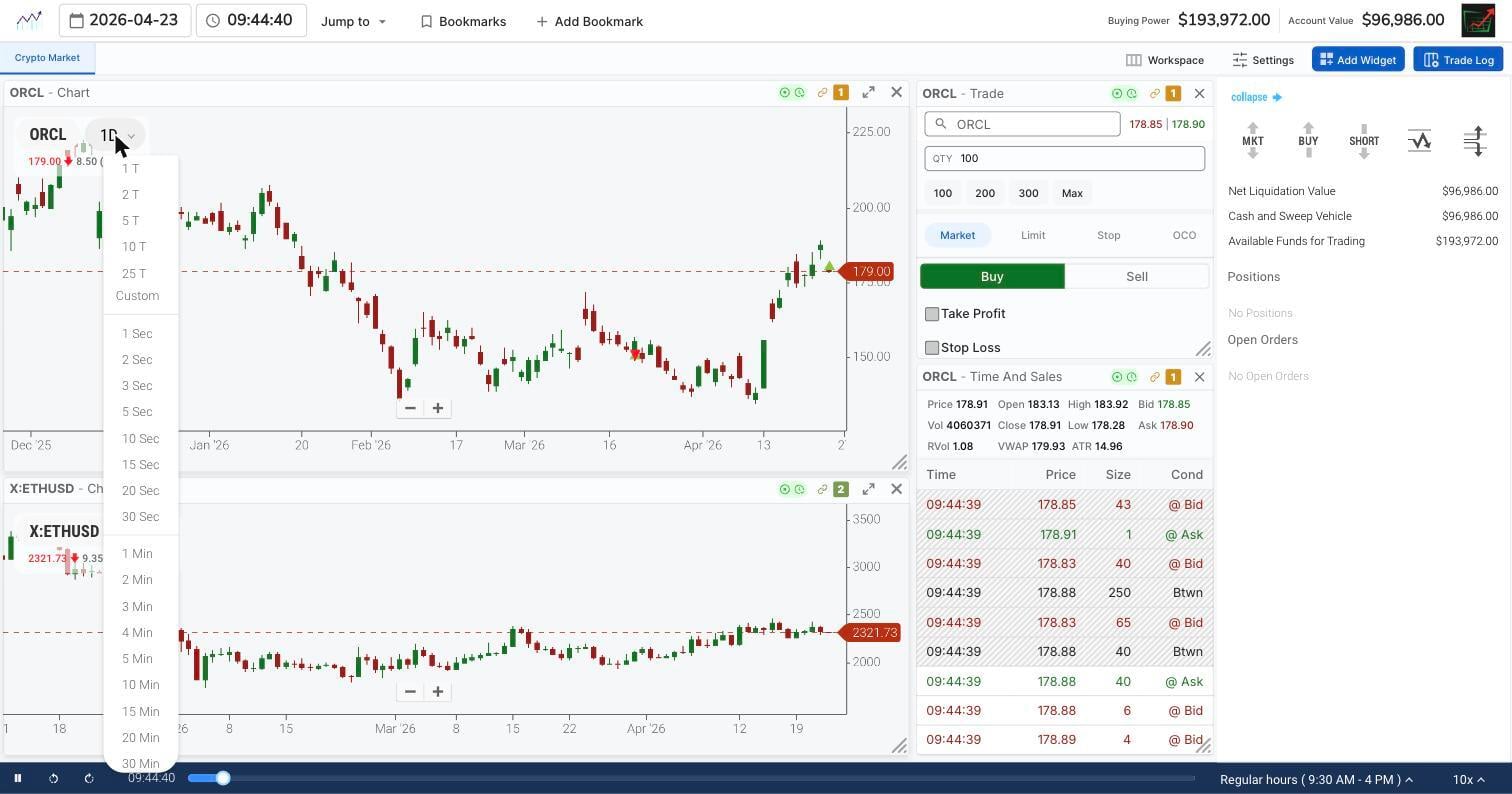 TradingSim chart interval menu open over an ORCL daily chart, listing tick intervals from 1 to 25 ticks plus second and minute options, with the order ticket and Time and Sales beside it