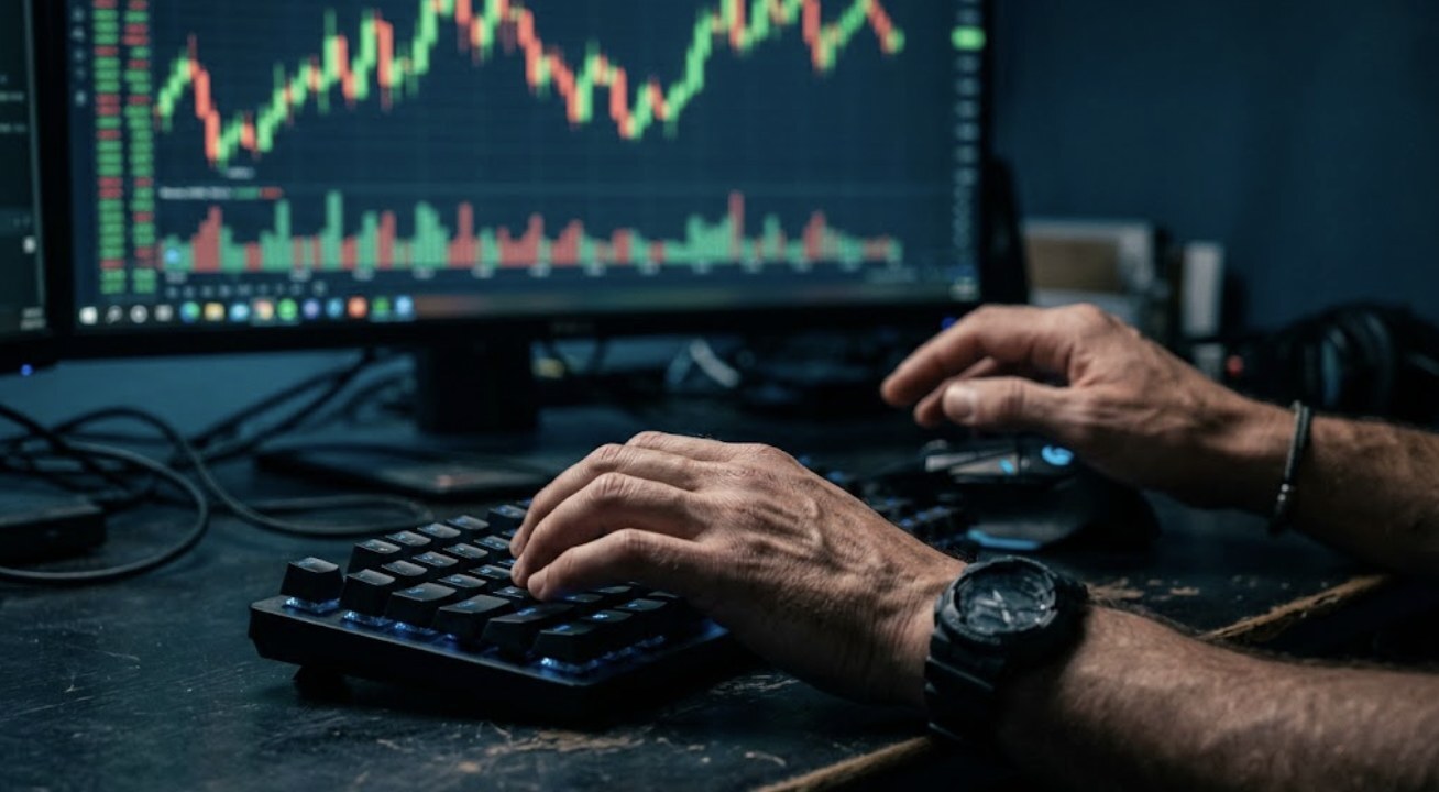 Day trader's hands over a keyboard in a dim trading room with an out-of-focus monitor of green and red candlesticks