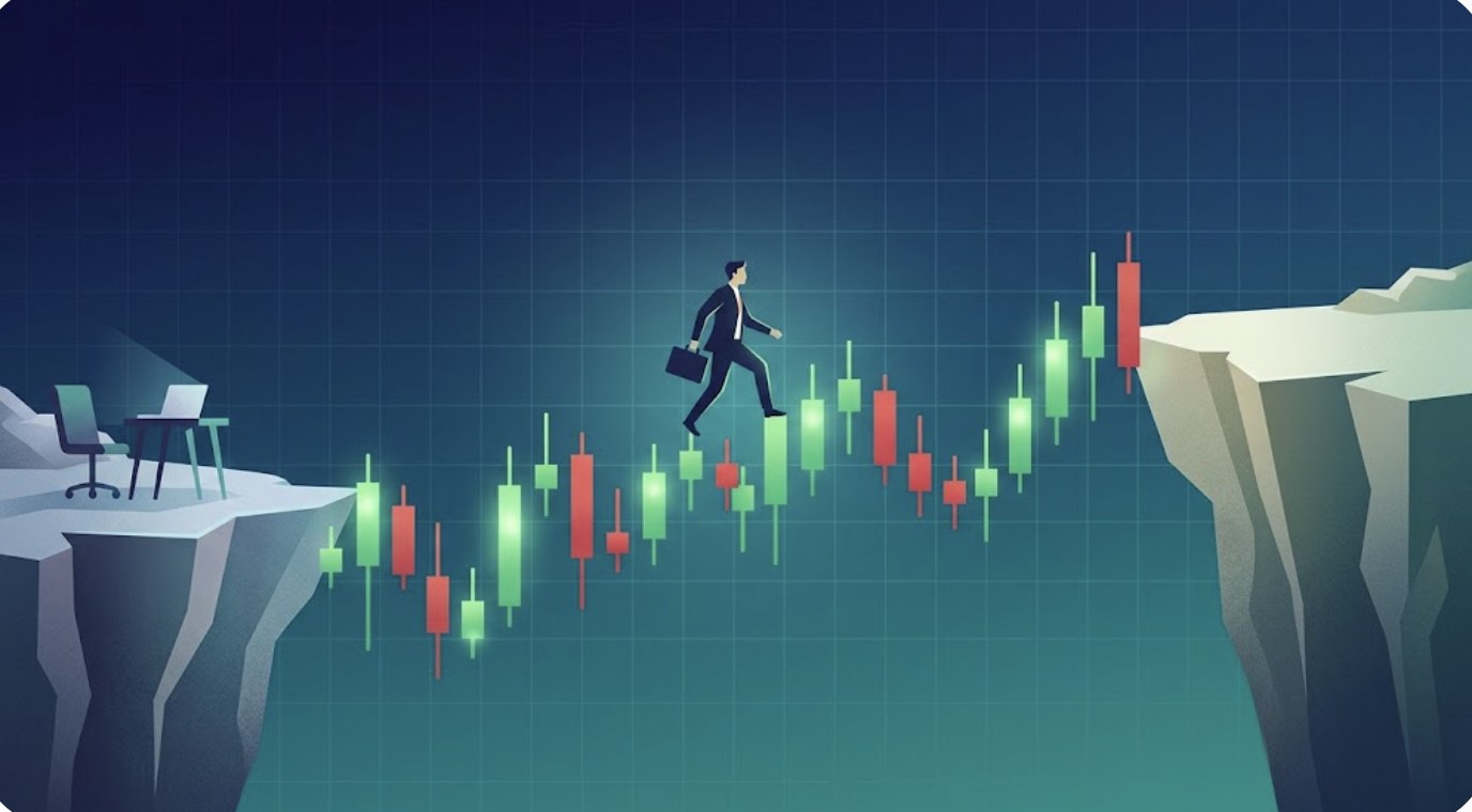 Flat illustration of a trader with a briefcase crossing a bridge made of green and red candlesticks between two cliffs, from a practice desk toward the live market side