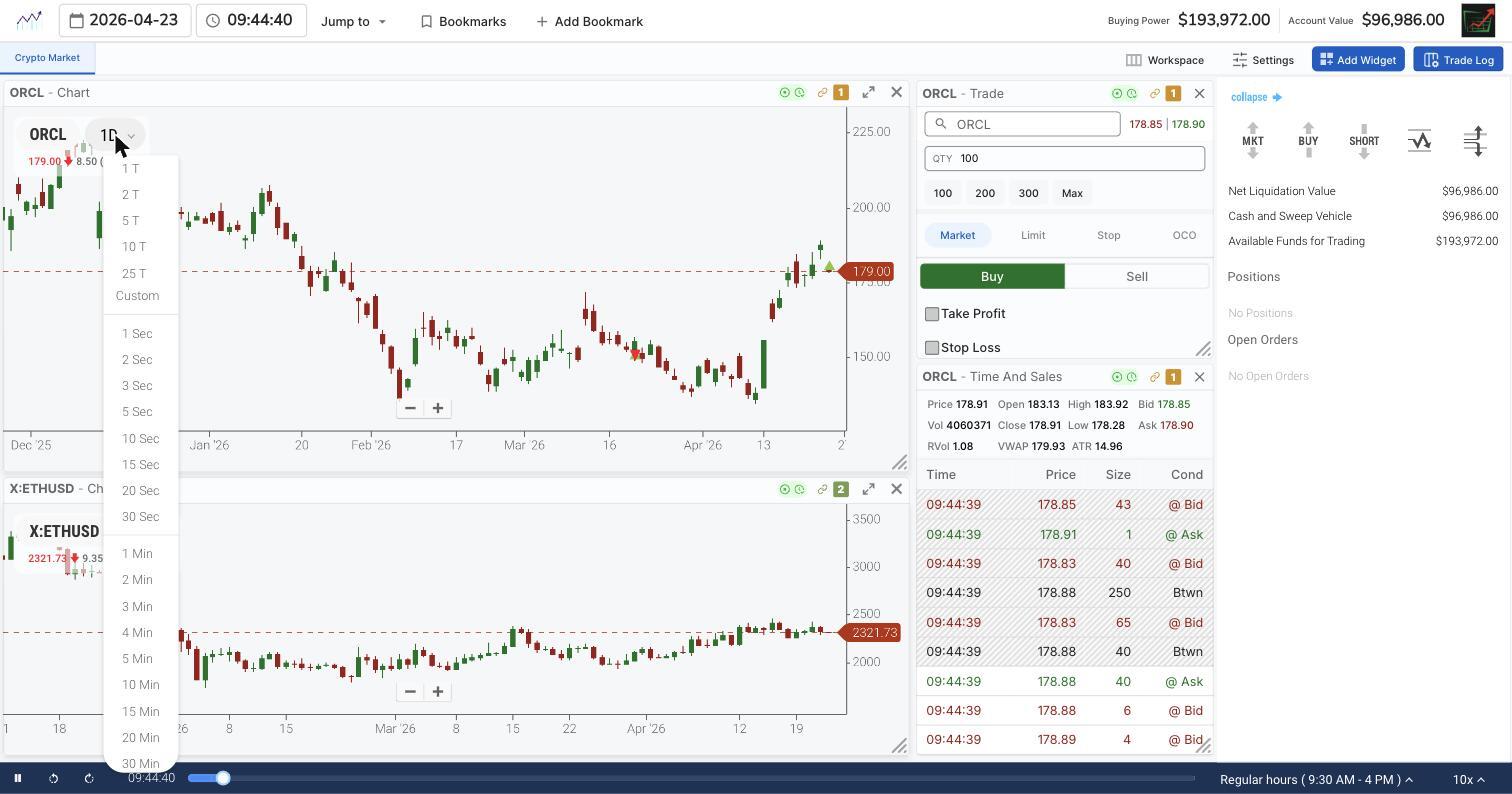 TradingSim chart timeframe selector showing interval options from tick charts through minute charts
