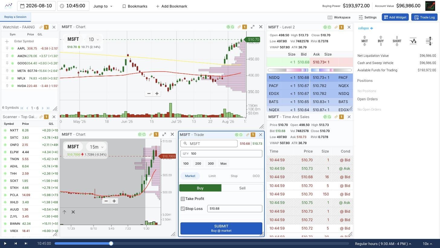 TradingSim Next Gen replay workspace showing MSFT daily and 5-minute charts on August 10, 2026 at 10:45 AM, with the order ticket's stop loss field enabled before entry, Level 2 depth and time and sales