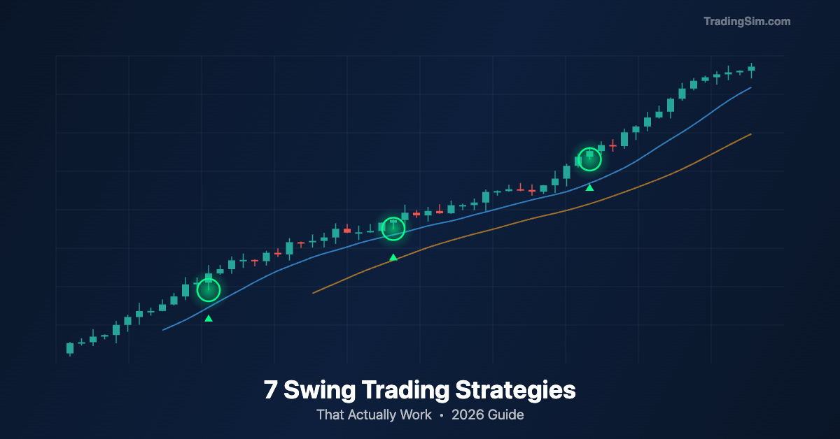 Candlestick chart showing 7 swing trading entry points with glowing green indicators on a dark background
