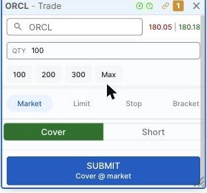 Order ticket showing market, limit, stop and bracket order types with quantity presets and take profit and stop loss options