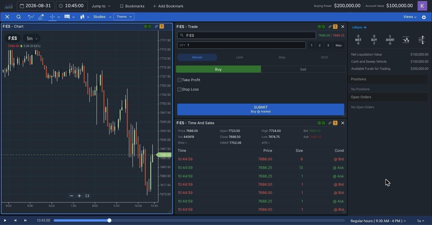 TradingSim Next Gen replay workspace showing an S&P 500 E-mini futures session with a 5-minute chart, order ticket with take profit and stop loss fields, Time and Sales, replay scrubber, and account value panel