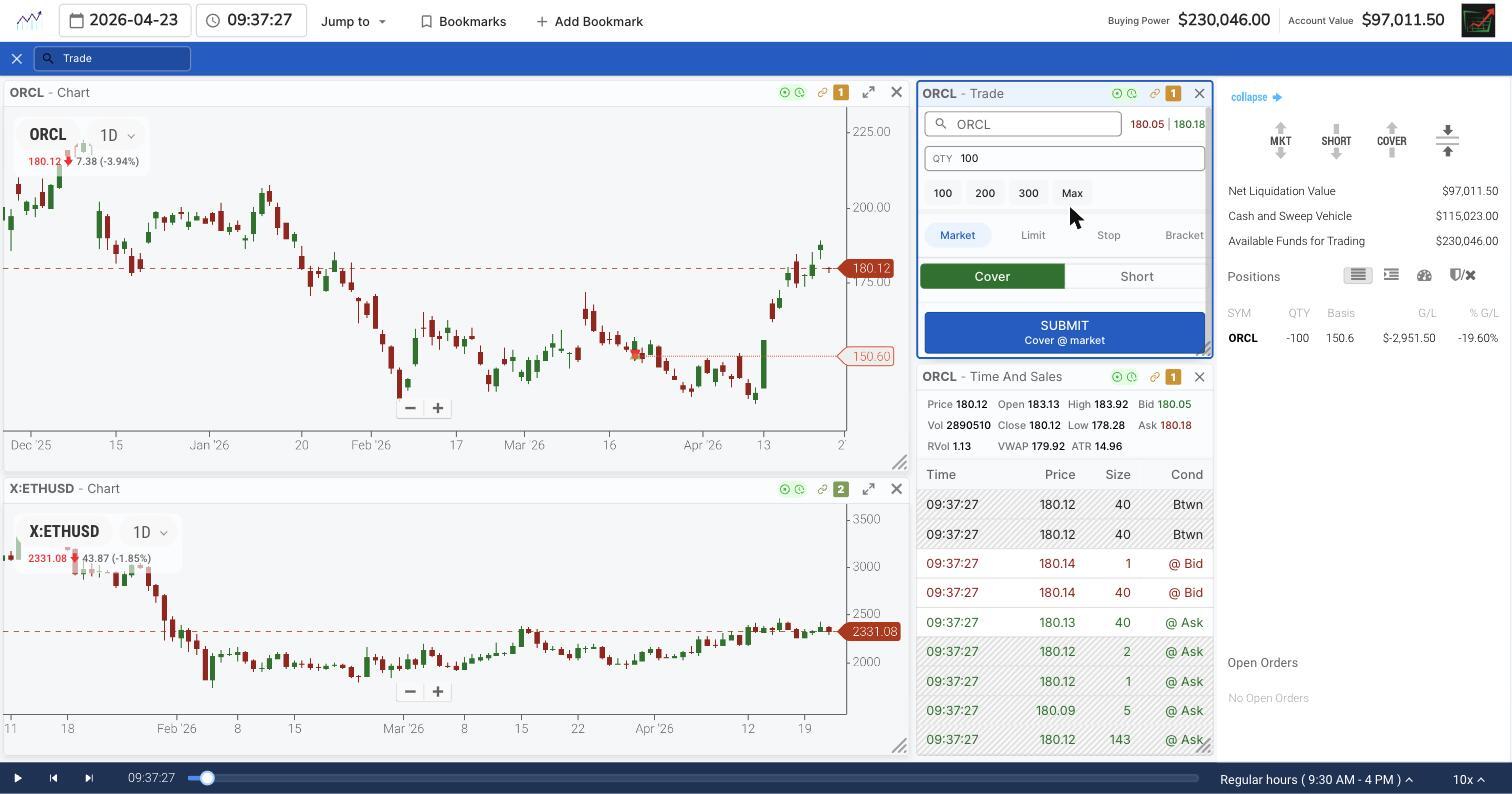 TradingSim order ticket set to cover a short ORCL position at market, with the open position showing a loss of 2951 dollars and 50 cents