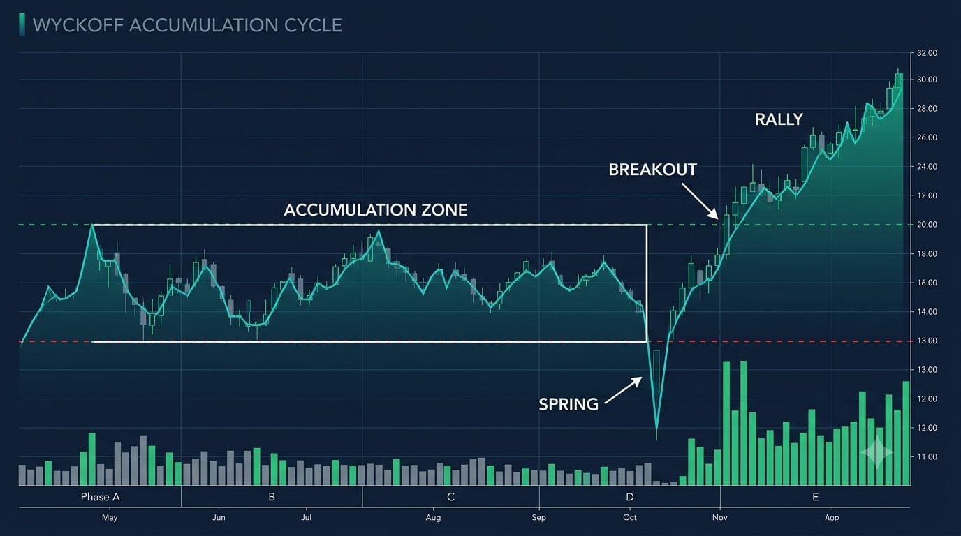 Wyckoff accumulation cycle chart showing the accumulation zone, spring shakeout below support, breakout above the range, and rally with expanding volume bars