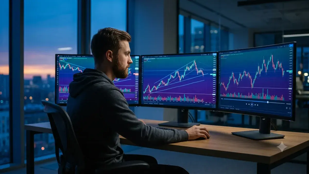 Day trader at dawn reviewing candlestick charts on three monitors, with a market replay timeline on the center screen