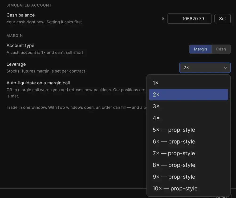Account settings with the leverage menu open, from 1× to 10×, 5× and up marked prop-style