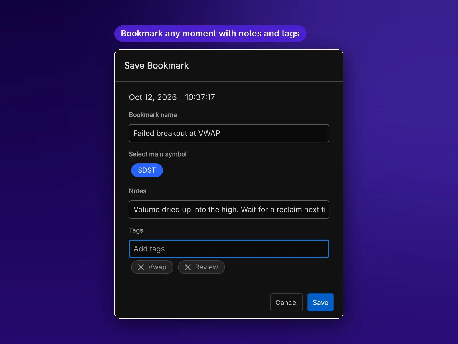Save Bookmark dialog with a name, notes and tags