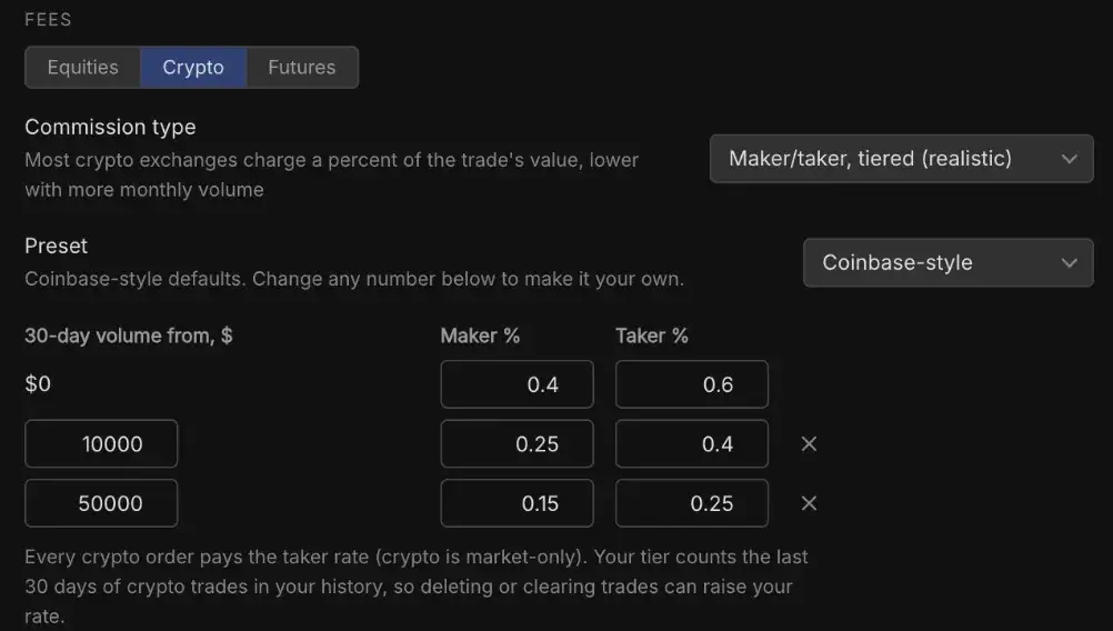 Crypto fee settings with Coinbase-style maker and taker percentages by 30-day volume