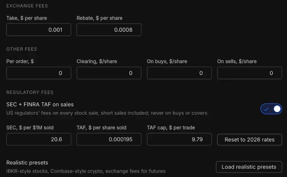 Exchange fees, other fees and SEC plus FINRA TAF settings with a Load realistic presets button