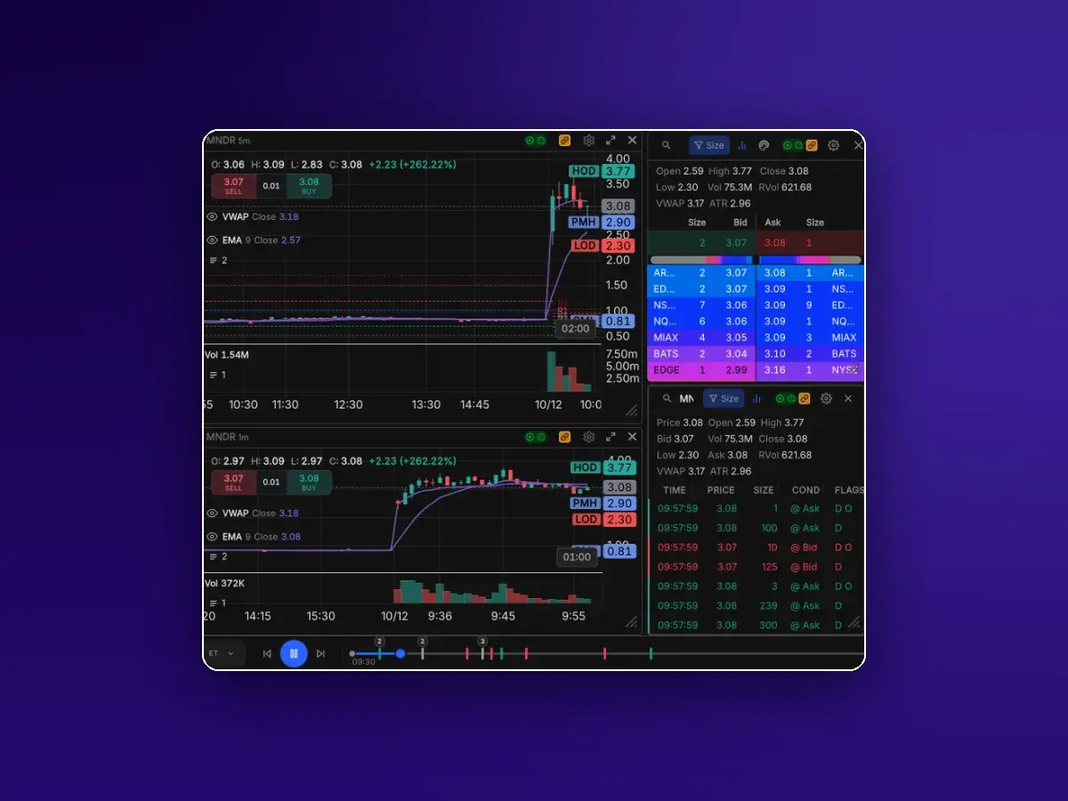 Animated replay with the charts, Level 2 and Time and Sales advancing together