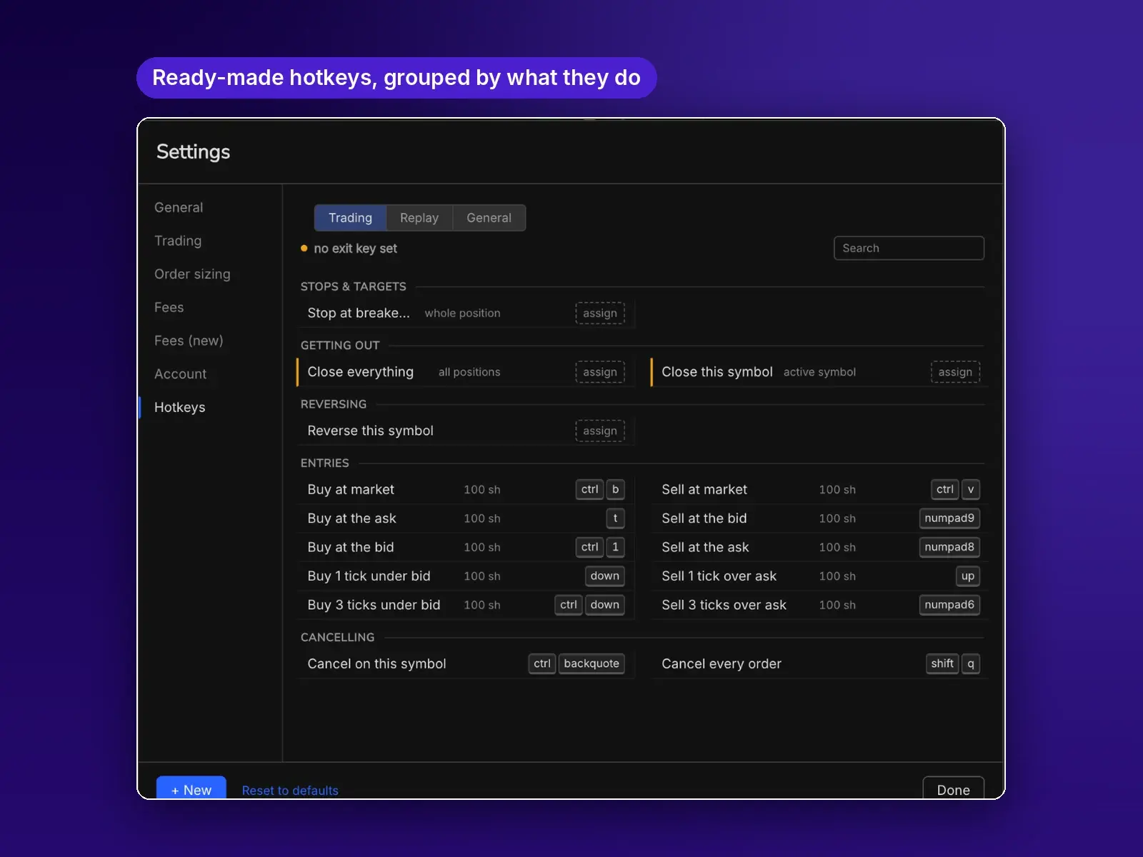 Hotkey list grouped into stops and targets, getting out, reversing, entries and cancelling