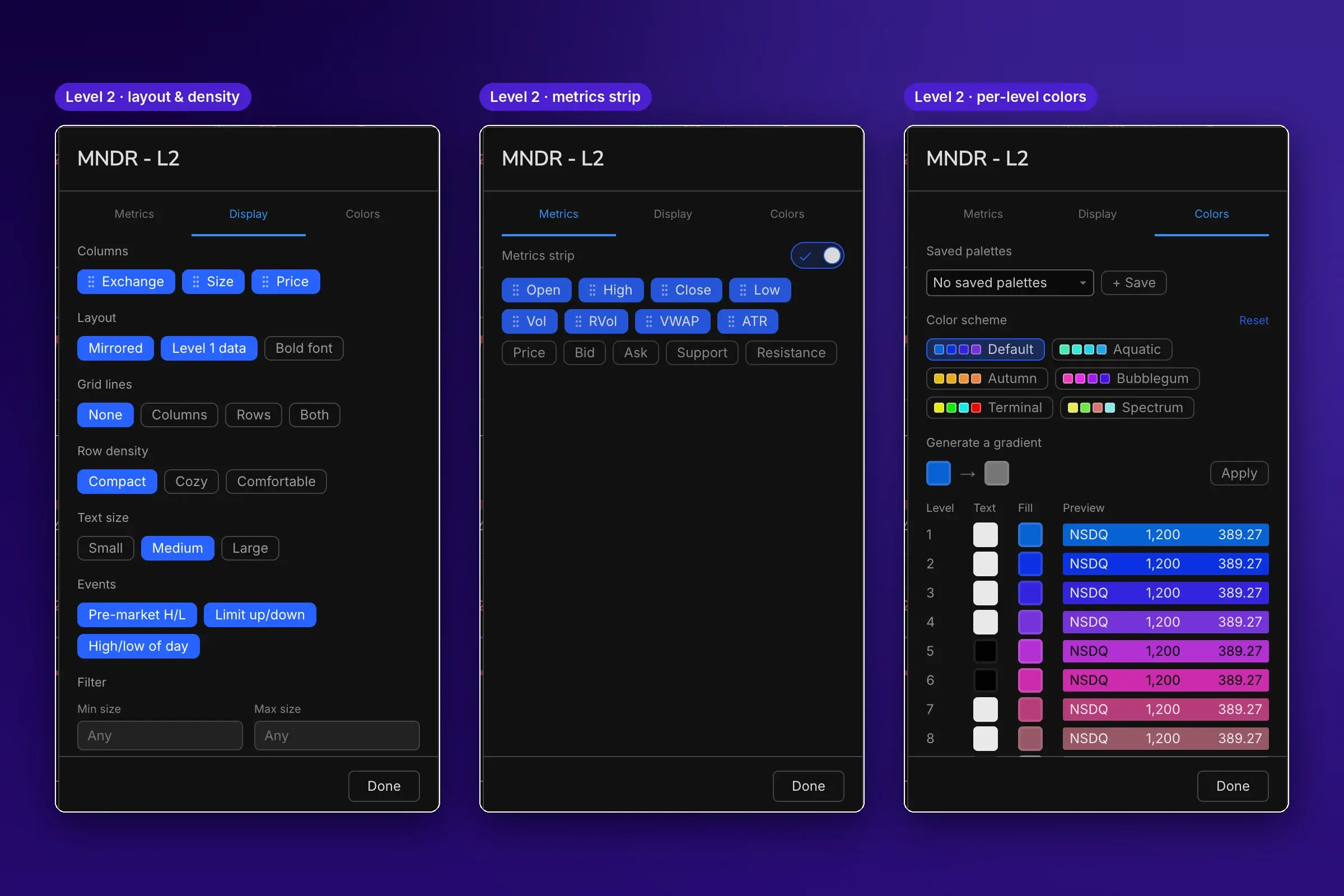 Level 2 settings: display, metrics strip and per-level colors