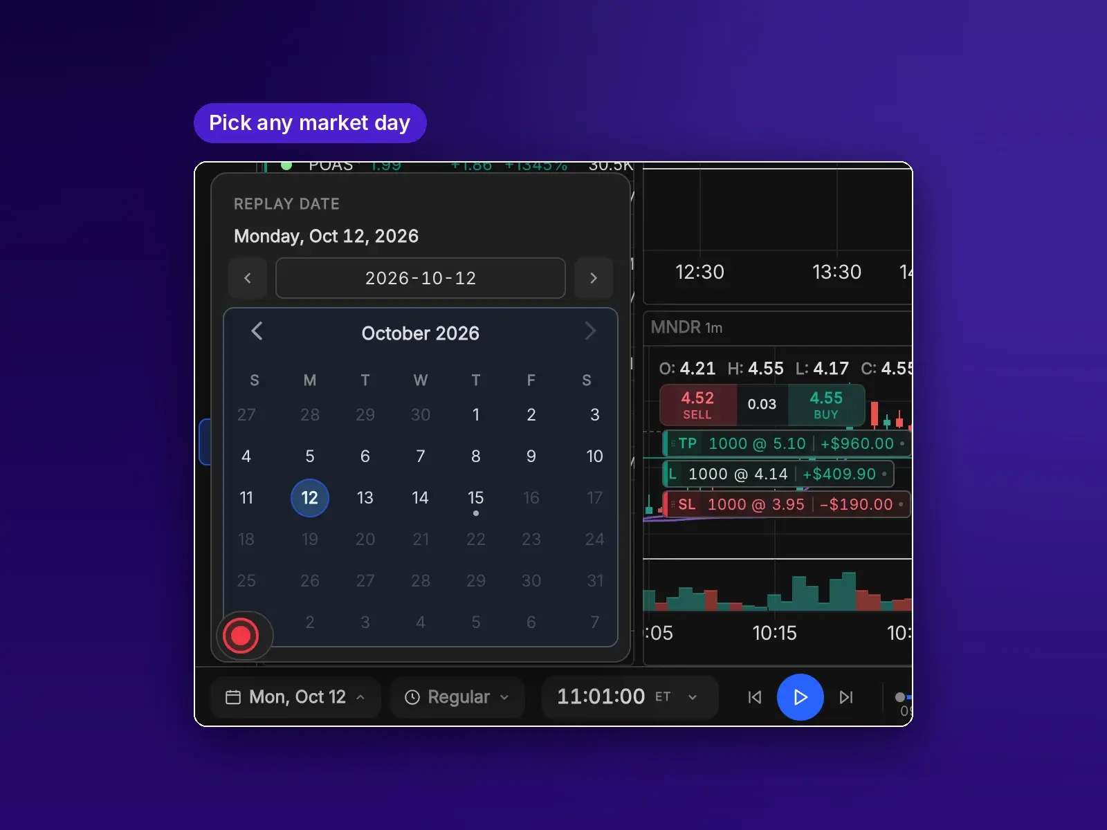 Replay date picker above the replay bar