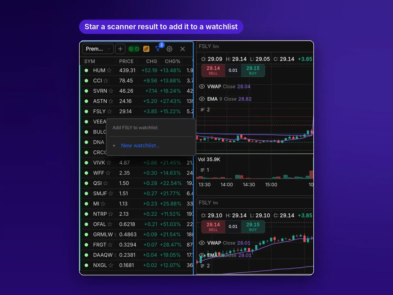 Scanner row with an Add to watchlist menu offering a new watchlist