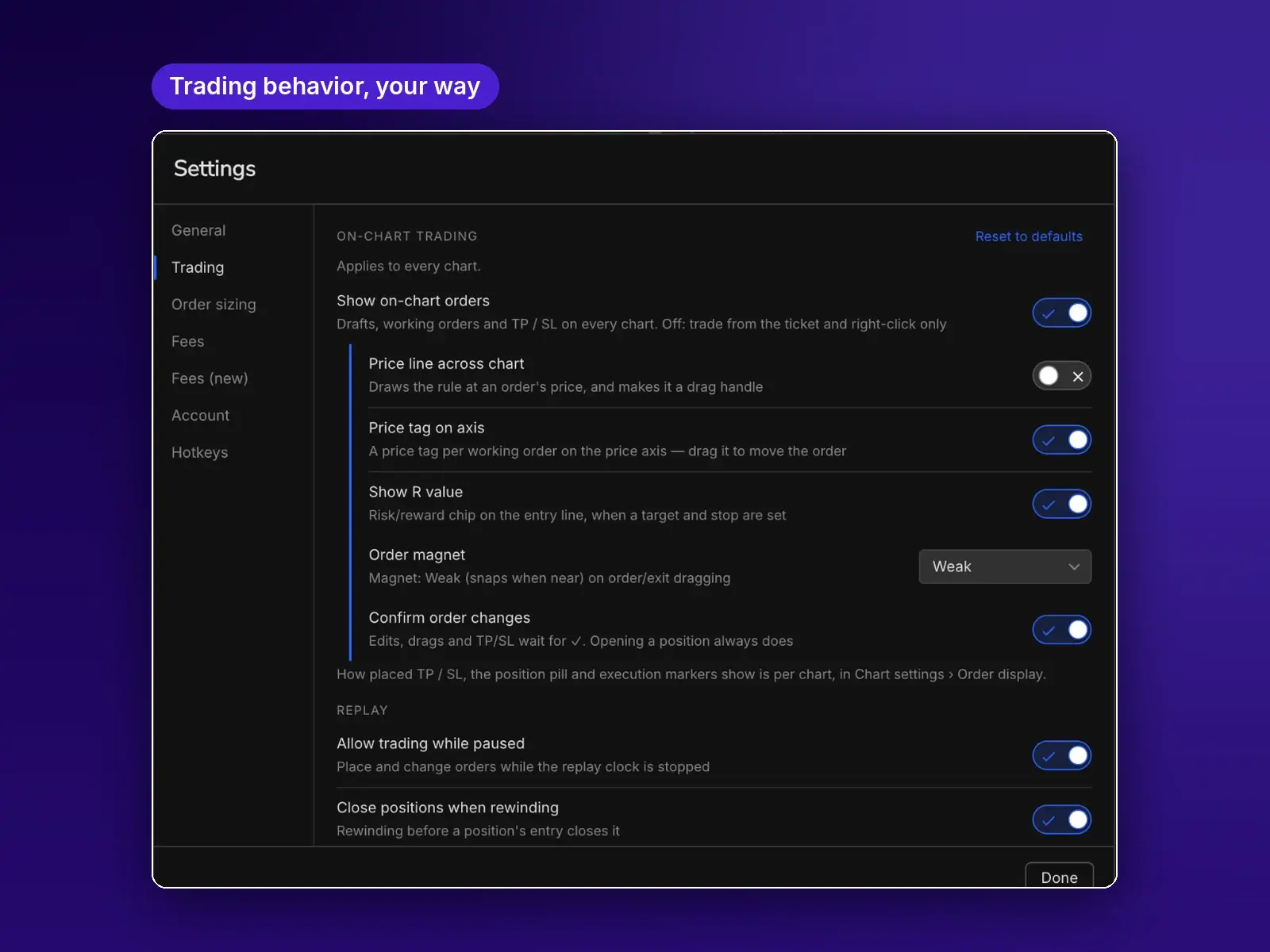 Trading settings