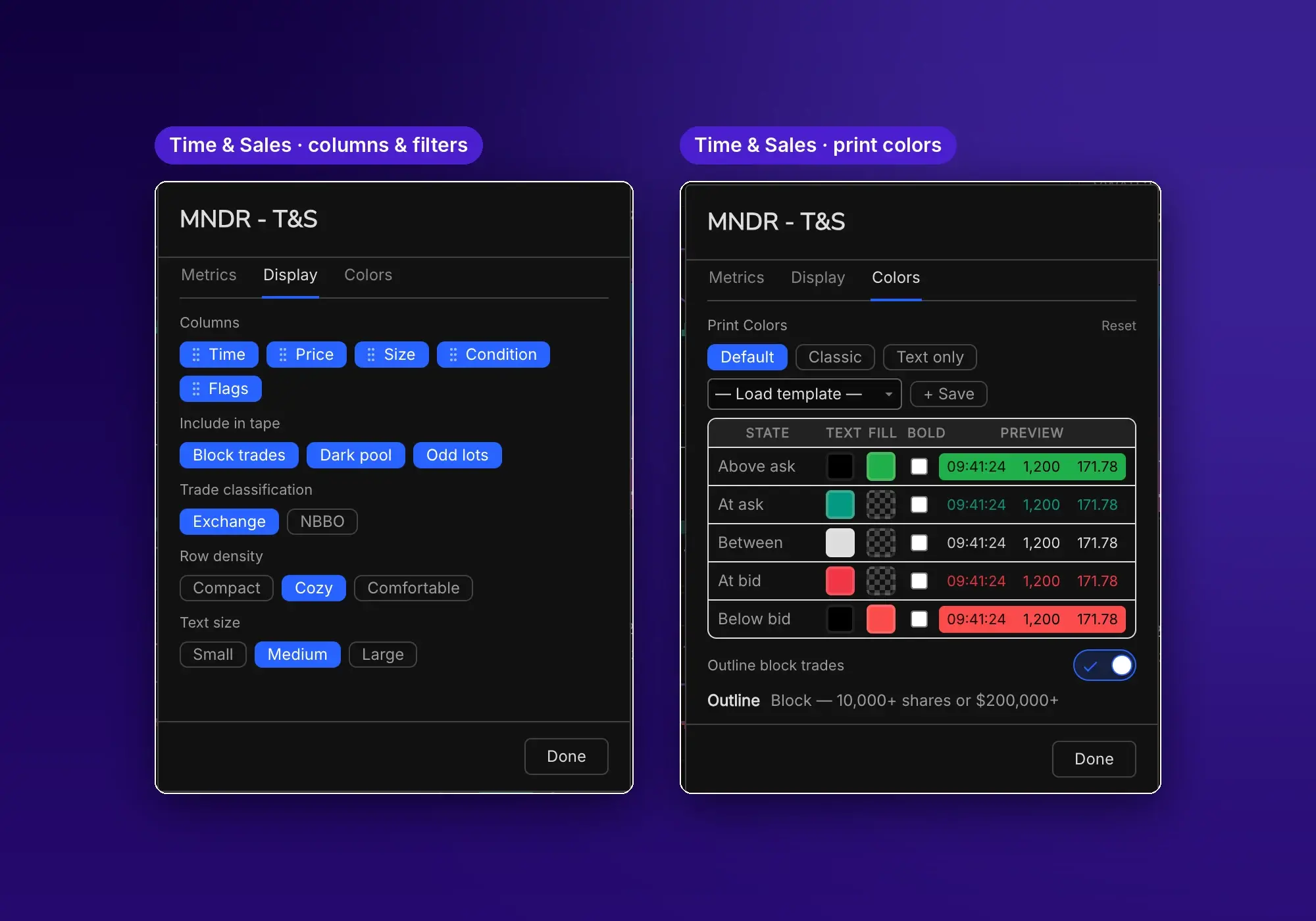 Time and Sales settings: columns, filters and print colors