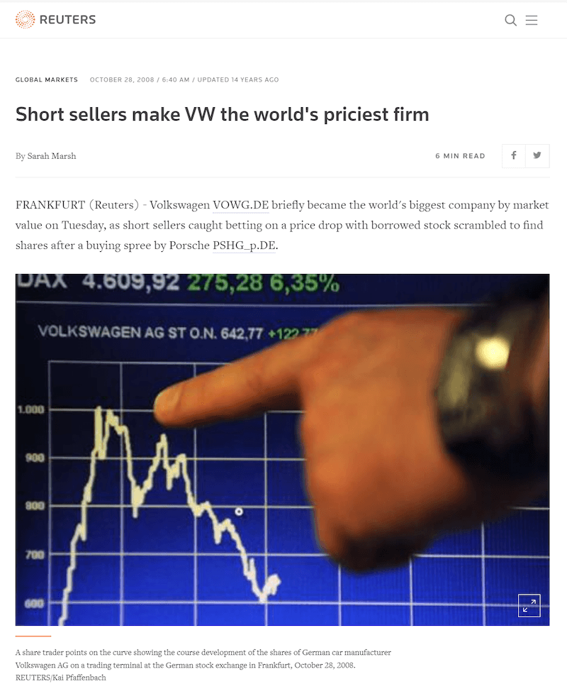 Reuters headline for Volkswagen short squeeze.